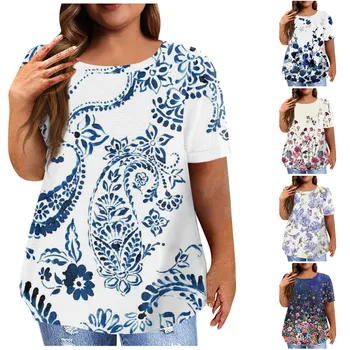נשים רופף העליון 2023 חדש אופנה מזדמן קיץ גדול פרח הדפסה צוואר עגול שומן מ 