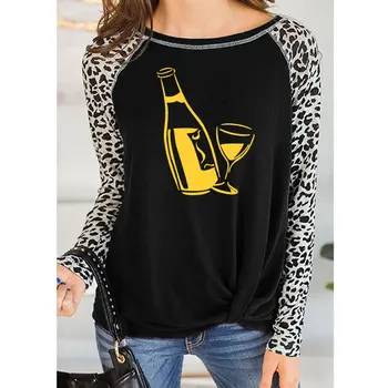 חדש חם, כוס יין ובקבוק חולצה חולצות נשים מזדמנים סתיו נמר שרוול ארוך צוואר עגול צמרות טי