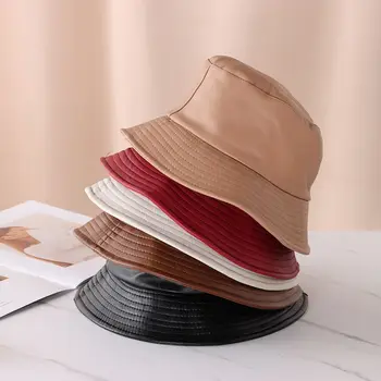 אופנה דלי כובע עור PU דיג כובע Soild צבע מתקפל הליכה כובע היפ-הופ סטריט עמיד למים כובע לנשים וגברים