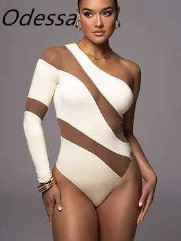 אודסה העצום רשת סקסית שרוול ארוך בגד גוף נשים Rompers אופנה 2023 סתיו חורף כתף אחת סלים גוף בסיסית מקסימום חתיכה אחת