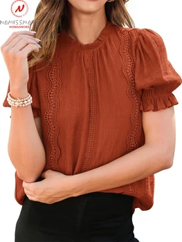 נשים האופנה הקיץ מוצק צבע חולצות טלאים עיצוב תפאורה תחרה O-צוואר פאף שרוול קצר רופף Pullovers העליון