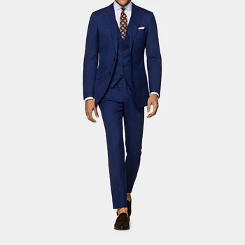 אופנה כחול חליפות לגברים Terno 3 קטע ג ' קט מכנסיים וסט אחת עם חזה שיא דש יוקרה העסק להאריך ימים יותר Terno יוקרתי גבר