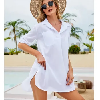 קיץ החוף התלבושת לנשים מתאימה רופף, אופנתי מוצק 5/4 סקסי השרוול V-צוואר חולצה נשית רב-תכליתי יומיומי החולצה
