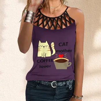 הקיץ של נשים חלול החוצה ללא שרוולים קרוס קרוס גופיה אופנה חתול אמא, אוהב קפה הדפסה ליוגה