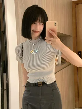 סרוגים Tshirts נשים בגדים O-צוואר קצר שרוול חולצת Tees אופנה טמפרמנט היבול לכל היותר משובח הקיץ הקוריאני Y2k חולצה