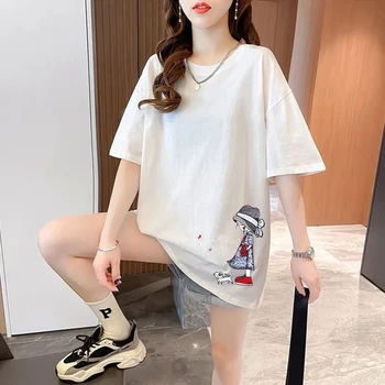 O-צוואר כותנה החולצה העליון של נשים קיץ 2023 קוריאנית חופשי שרוול קצר להדפיס חולצה שמלה בינוני ארוך מזדמן חולצת טריקו Y2k
