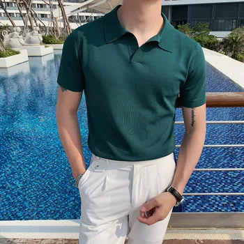BHRIWRPY 2023 קיץ חדשה של גברים V-צוואר סרוג עם שרוולים קצרים חולצת פולו גברים של צבע מוצק אופנה דש שרוולים קצרים חולצה