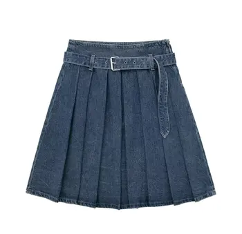 Shangmache סתיו חדש, קפלים החצאית רחבה עם קפלים חצאית ג ' ינס, גבוה מותן חצאית בגדי נשים