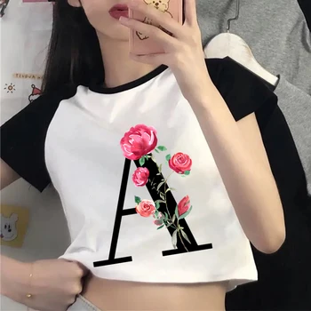 נשים לבנות חולצת טי שחורה מכתב עם פרח רוז, A-Z, אלפבית פרחים הילדה חולצה עם שרוולים קצרים Harajuku נשים אופנה טי
