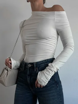 נשים מחוץ כתף גזורה Y2K סימטרית צוואר השרוול הארוך הבסיסי, חולצת טי חמודה רזה מצויד חולצה Clubwear