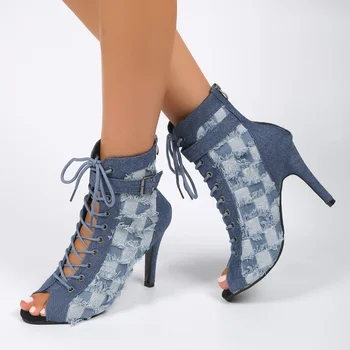 נעלי נשים במבצע 2023 אופנה תחרה של נשים סנדלים בקיץ מזדמן בוהן פתוח ג ' ינס כחולים עם עקבים גבוהים סקסי שמלת נעלי נשים