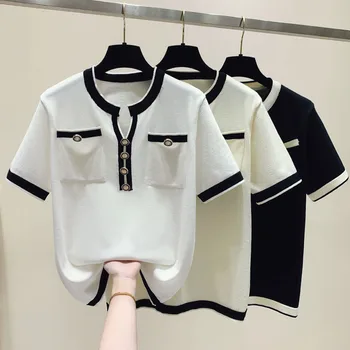 שחור לבן סרוג קצר עם שרוולים קיץ סגנון אופנה העליון חולצות 2023 זולים וינטאג', בגדי נשים נקבה בגדים Harajuku