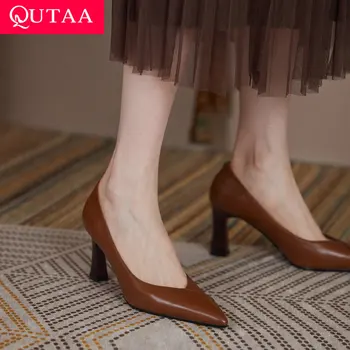 QUTAA 2022 נעלי נשים קיץ בכיכר עקבים גבוהים אלגנטי עור אמיתי מחודד בוהן להחליק על כל התאמה נקבה משאבות גודל 34-40
