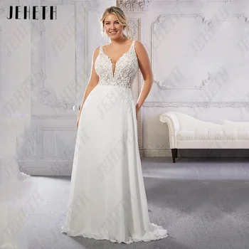 JEHETH בתוספת גודל שמלות חתונה בסגנון בוהו V-צוואר בלי שרוולים ללא משענת שמלות כלה שיפון קו A-תחרה אפליקציה החלוק De Mariée